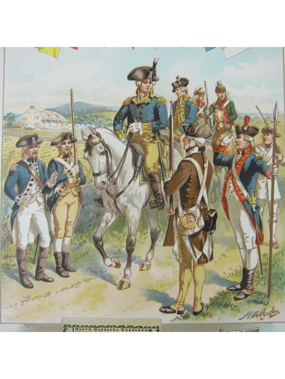 Chromolith Book Plate American Revolutionary War Flags Uniforms Antique 1890s